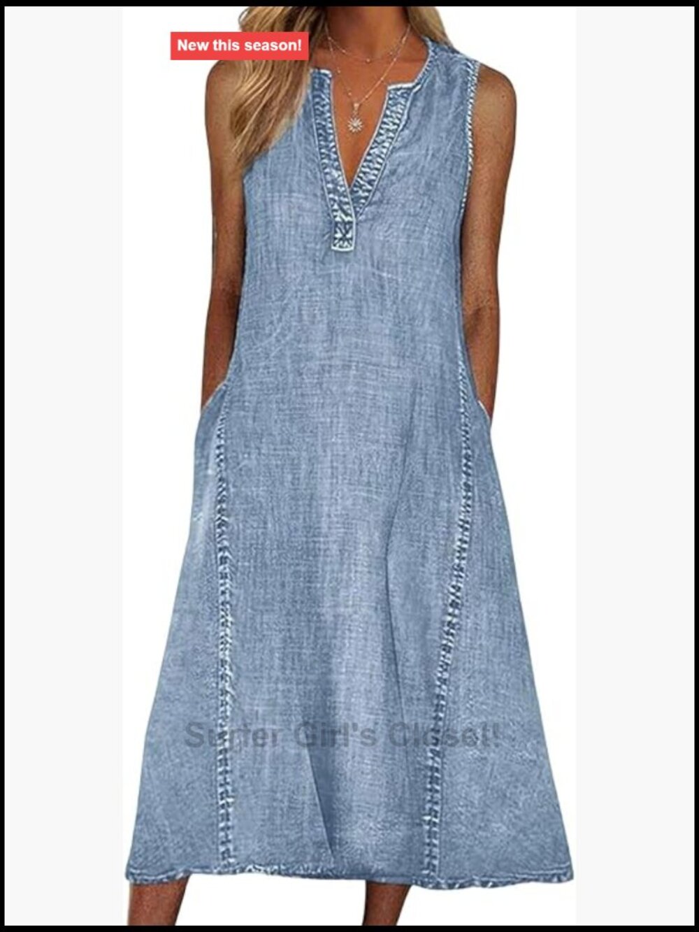 Sleeveless Denim Midi Dress A-Line Western Shift Tank Dress Summer